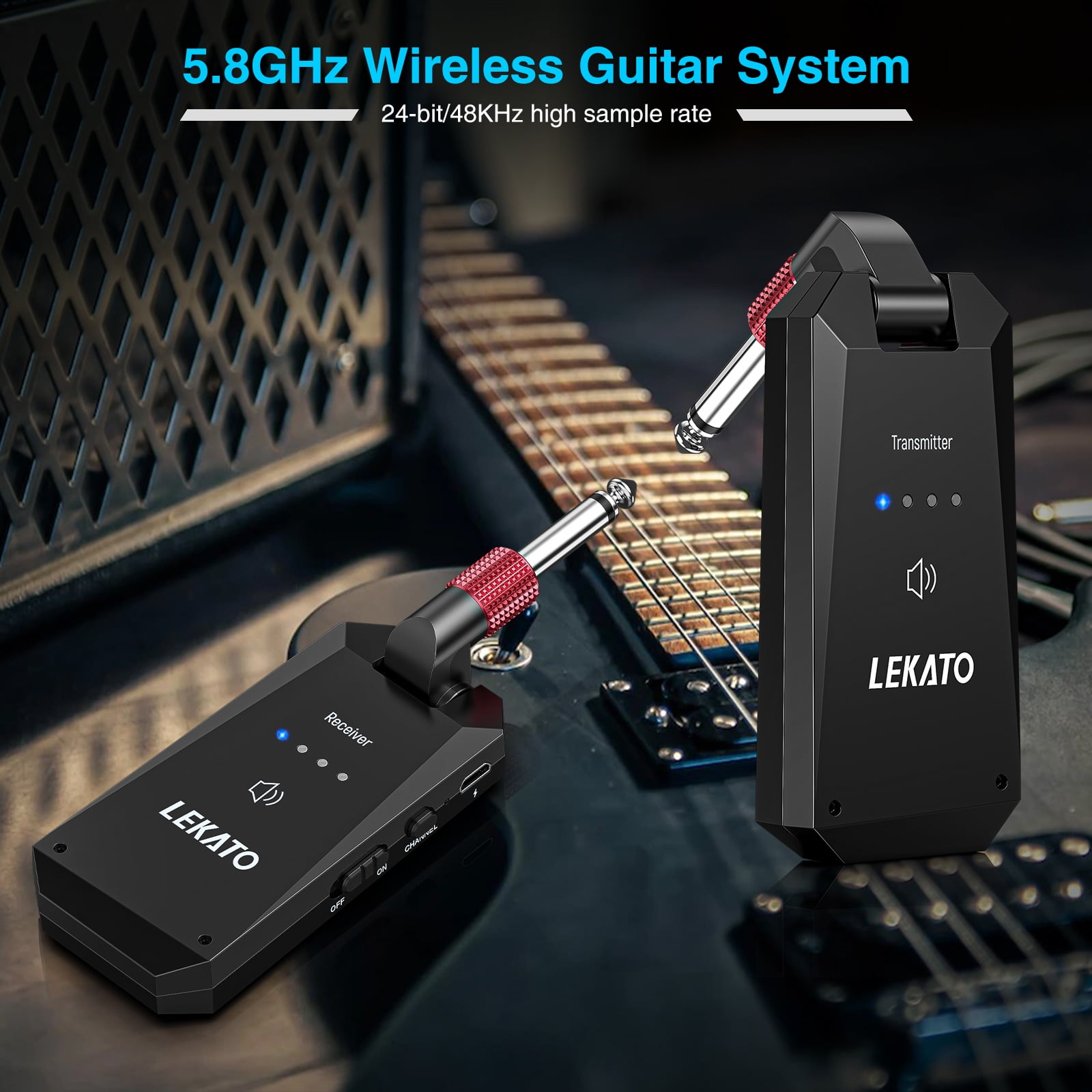LEKATO WS-90 Wireless Guitar System 5.8G Wireless Guitar Transmitter Receiver 4 Channels Rechargeable Guitar Wireless System for Electric Guitar Bass
