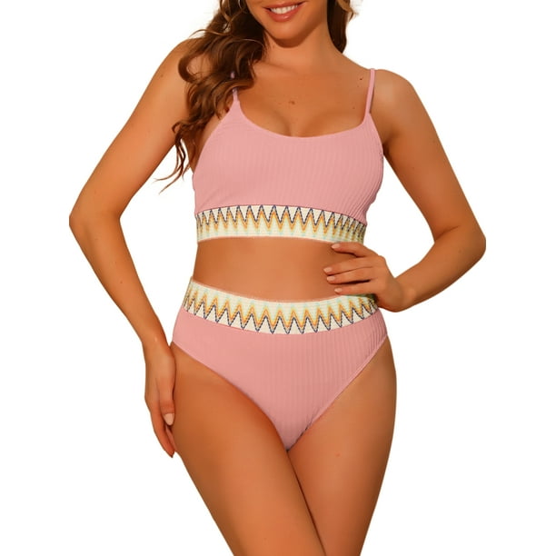 Conjuntos de bikini de dos piezas de talle alto con canalé para mujer, traje de baño con tirantes ajustables, pequeño, rosa