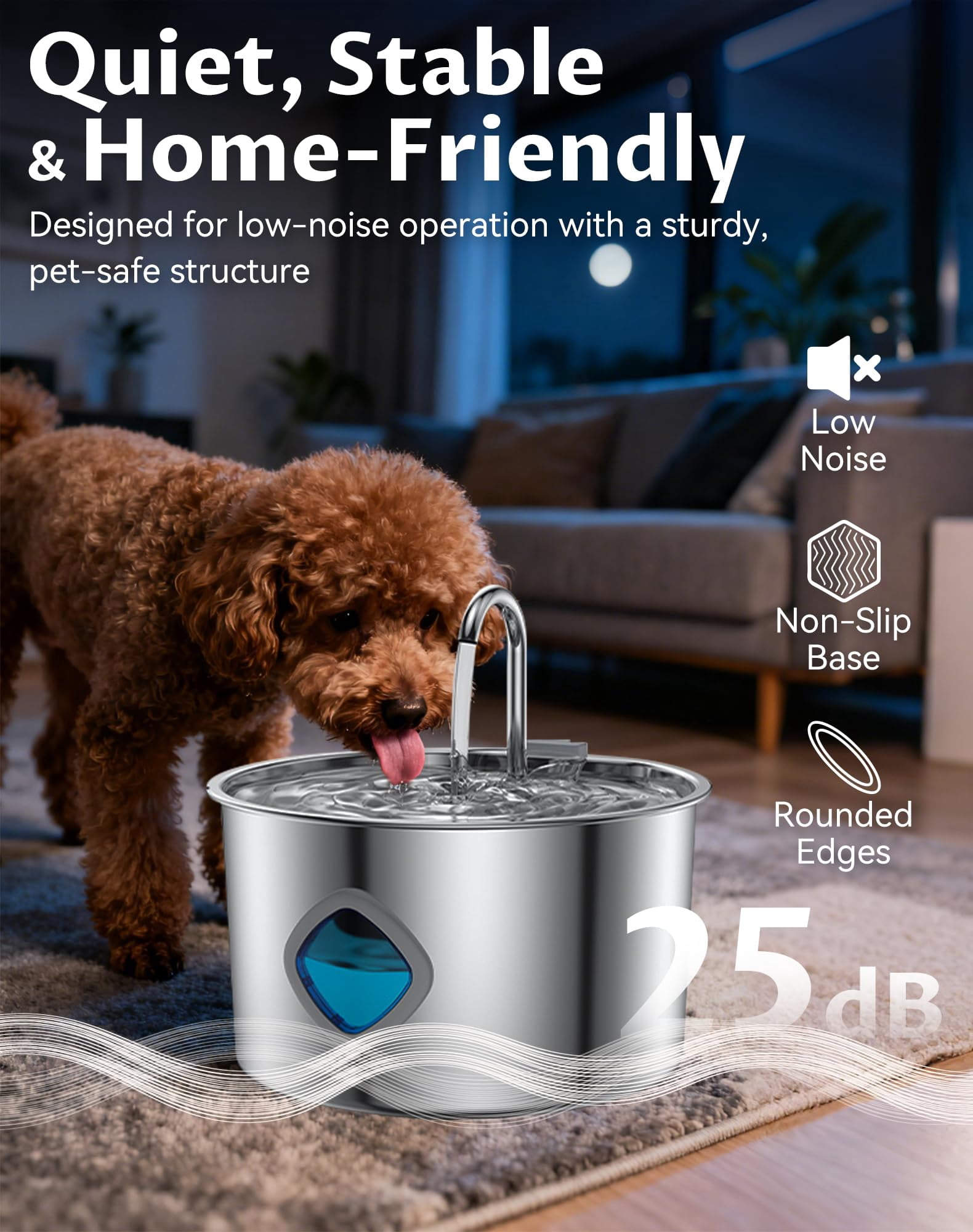 Dog Water Bowl, 3.2L Dog Water Fountain, Quad-Purification System and Continuous Circulating Water Flow,Stainless Steel Easy-to-Clean,Quiet Operation,Water Bowl for Dog Cat (Bowl+4Set Filter)