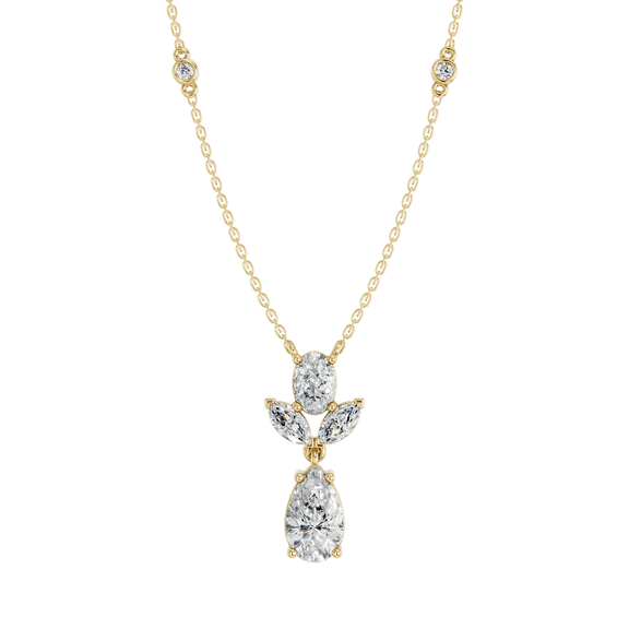 KEEVA JEWELS 2.90 Carat Moissanite Marquise, Oval, Pear & Round Elegant Floral Pendant Necklace for Women Made in Yellow Gold Plated Silver