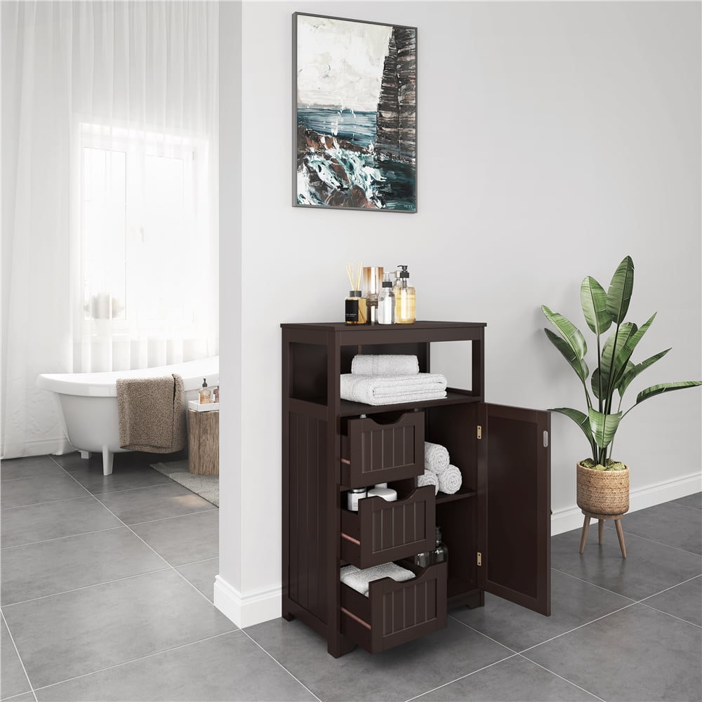 Yaheetech Wooden Floor Cabinet w/ Multi-Tiers & 3 Drawers, Espresso