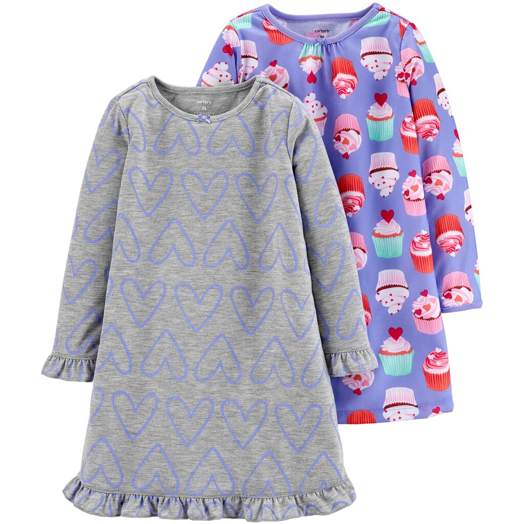 Carter's Girls 2Pack Nightgowns Sleepwear Gray Purple Cupcakes Size 6