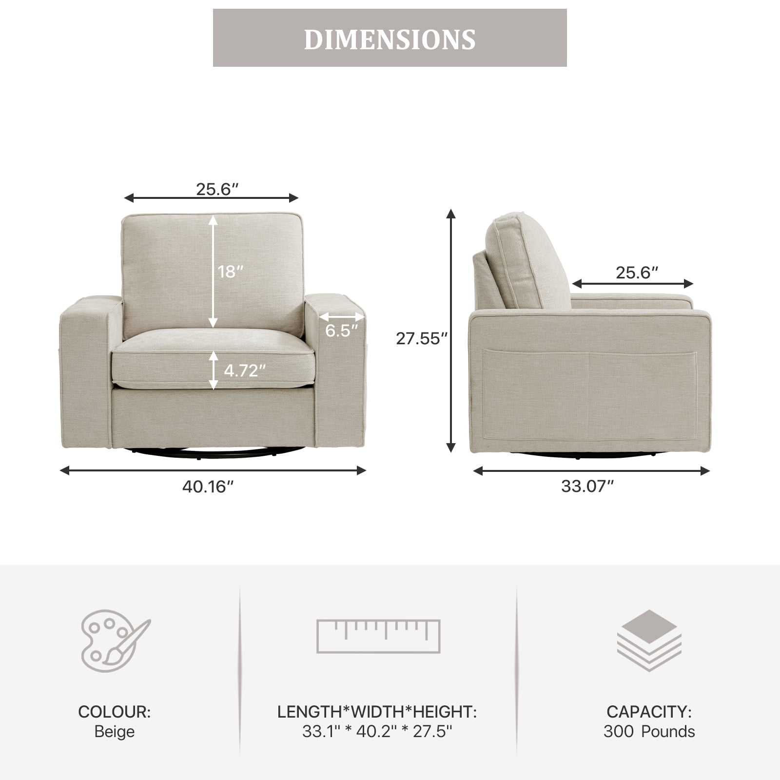 INGALIK Swivel Accent Chair, 40.2"W Oversize Chenille Accent Armchair with Storage Bag, Modern Comfortable Chair for Living Room, Bedroom, Beige