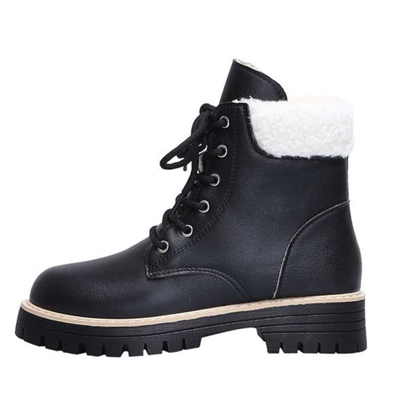 Pisexur Women's Boots Fashion Faux Fur Lace Up Boots for Women Cozy Pu Waterproof Ankle Boots Classic 6-Hole Round Toe Non-Slip Hiking Boots Women 36-43 Black