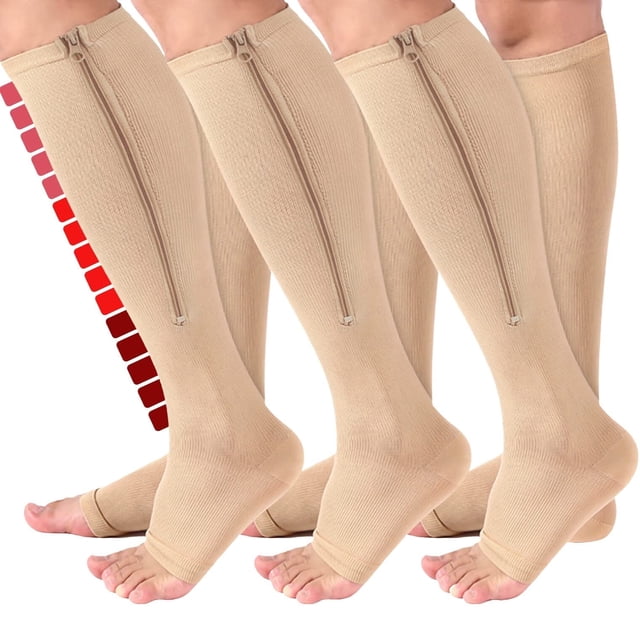 WILLED 3 Pairs Zipper Compression Socks - Calf Knee High Open Toe Compression Stockings 15-20mmHg for Walking, Running