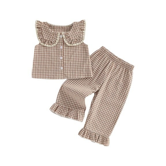 BemeyourBBs 2Pcs Toddler Baby Girls Summer Outfits Cute Infant Girls Summer Sleeveless Doll Collar Plaid Print Vest Tank Tops and Elastic Waist Pants Set