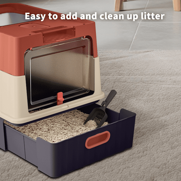 imerelez White Thick Stainless Steel Fully Enclosed Cat Litter Box, Flip-Top 120° Wide Angle, Transparent Top, Odor Control with Carbon, Leak Proof, Large Space for Big Cats, Includes Scoop & Mat