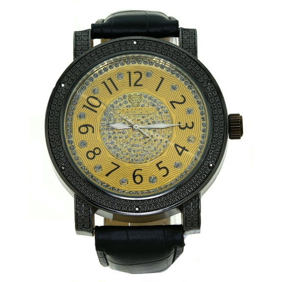 Men's Natural Diamond Silver Gold-Tone Clubbing Watch 50mm 12mm Thick case.Diamond accent bezel, Gold-Tone bling dial, 22mm wide black leather strap fits 9.5 inches wrist.