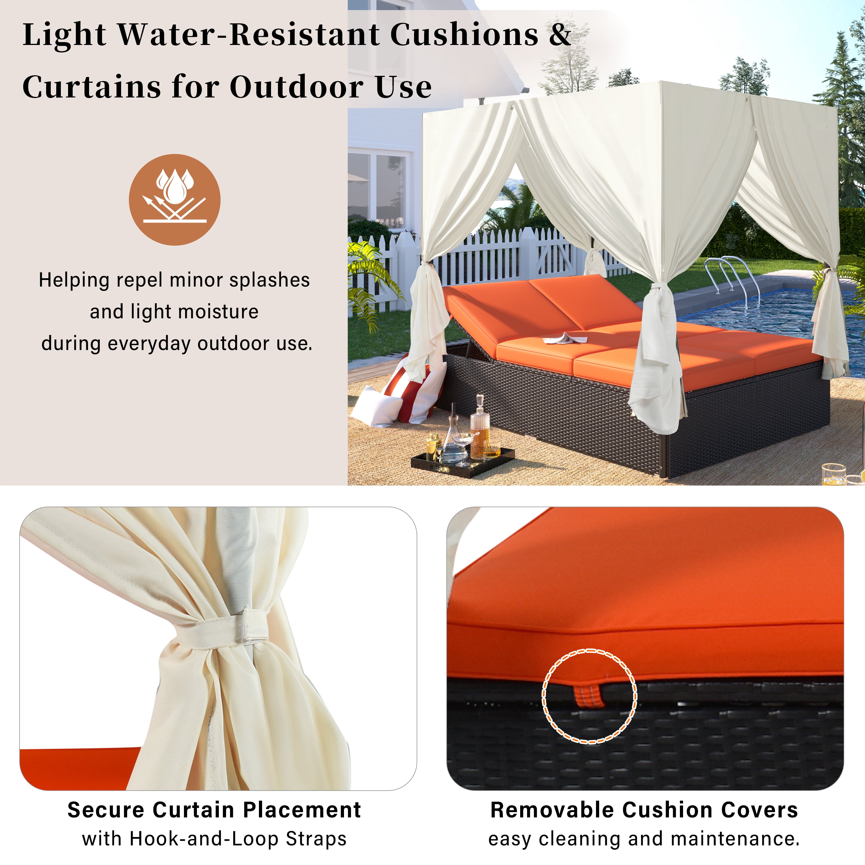 Outdoor Double Chaise Lounge Daybed with Curtains,Patio Outdoor Sunbed with Adjustable Backrest, Sturdy Steel Frame Loveseat Sofa for Backyard,Poolside, Terrace