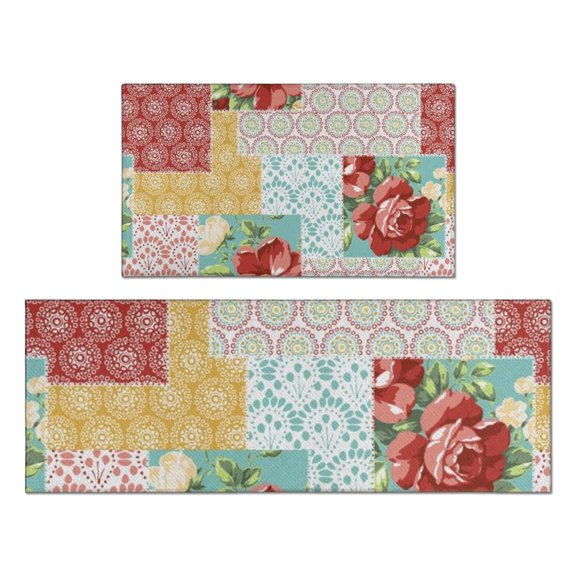 Pioneer Flower Floral Print Pattern Kitchen Rugs Sets Of 2,Anti Fatigue Kitchen Mat Rugs Non Slip Washable,Decorative Kitchen Floor Mats for Kitchen,Sink,Laundry,17"x30" 17"x47"