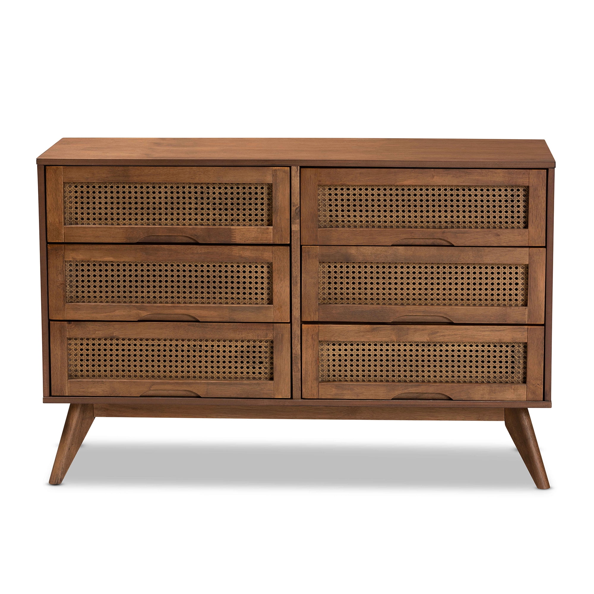 Baxton Studio Barrett Mid-Century Modern Walnut Brown Finished Wood and Synthetic Rattan 6-Drawer Dresser