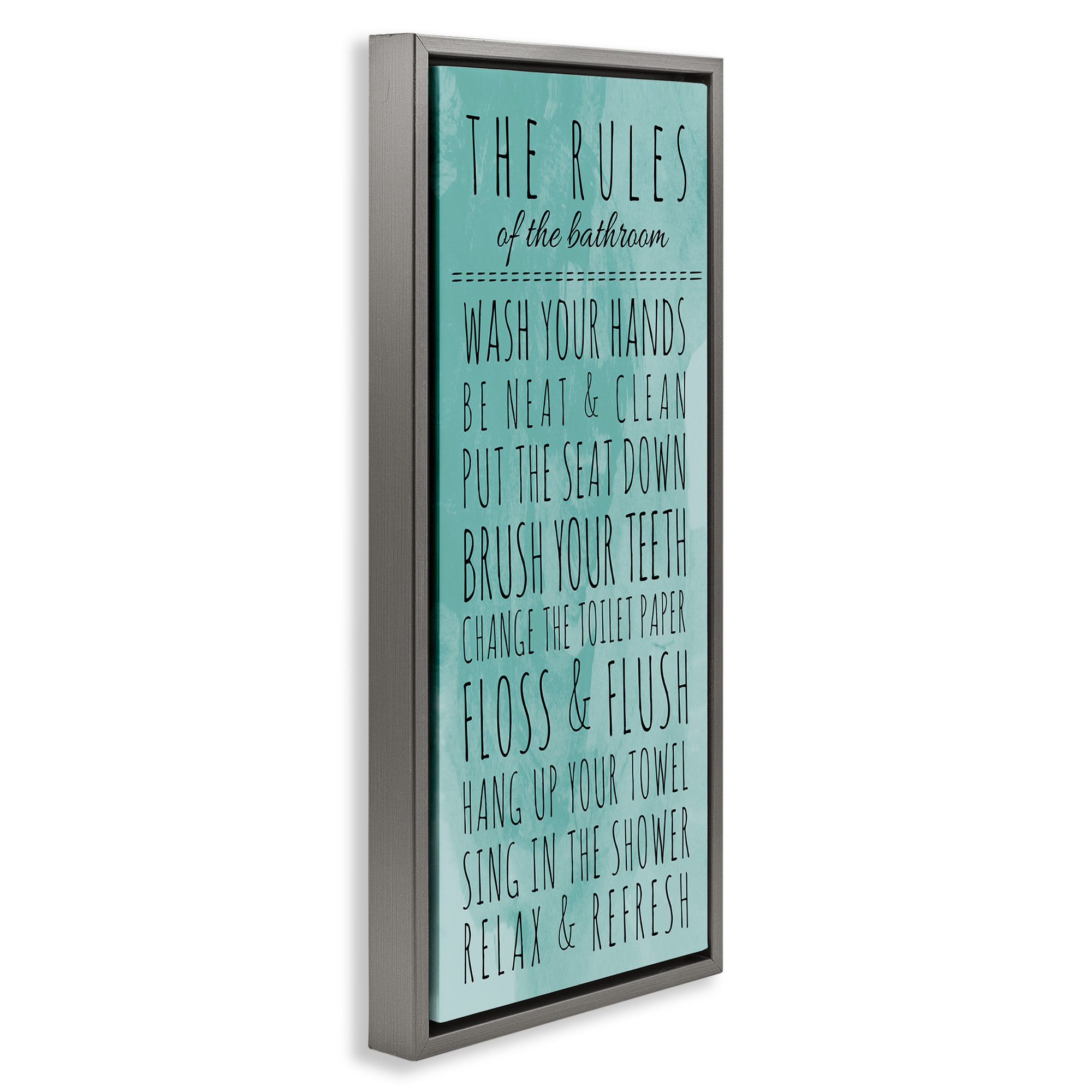 Stupell Industries Bathroom Rules on Turquoise Typography Painting Gray Floater Framed Canvas Art Print Wall Art, 15 x 31