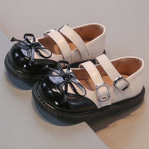 FSYBOA Girls Flat Dress Shoes Size 1(Big Kids), Casual Non Slip Hook and Loop Strap Cute Kids School Uniform Shoes Black