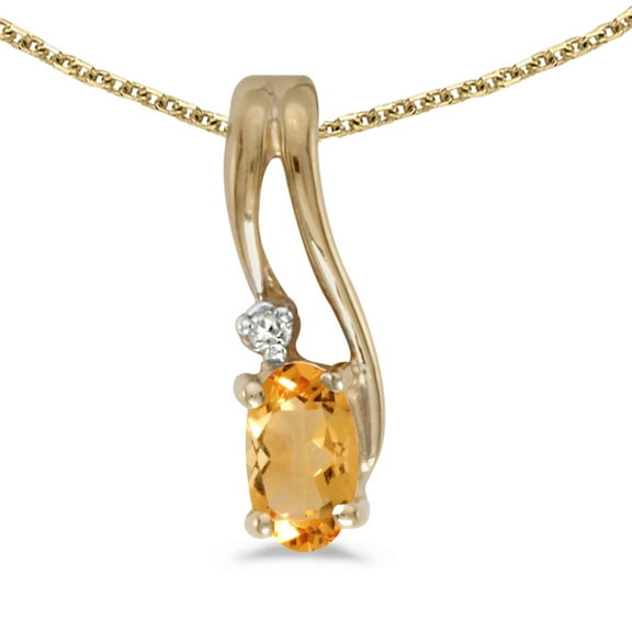 10k Yellow Gold Oval Citrine And Diamond Wave Pendant with 18" Chain