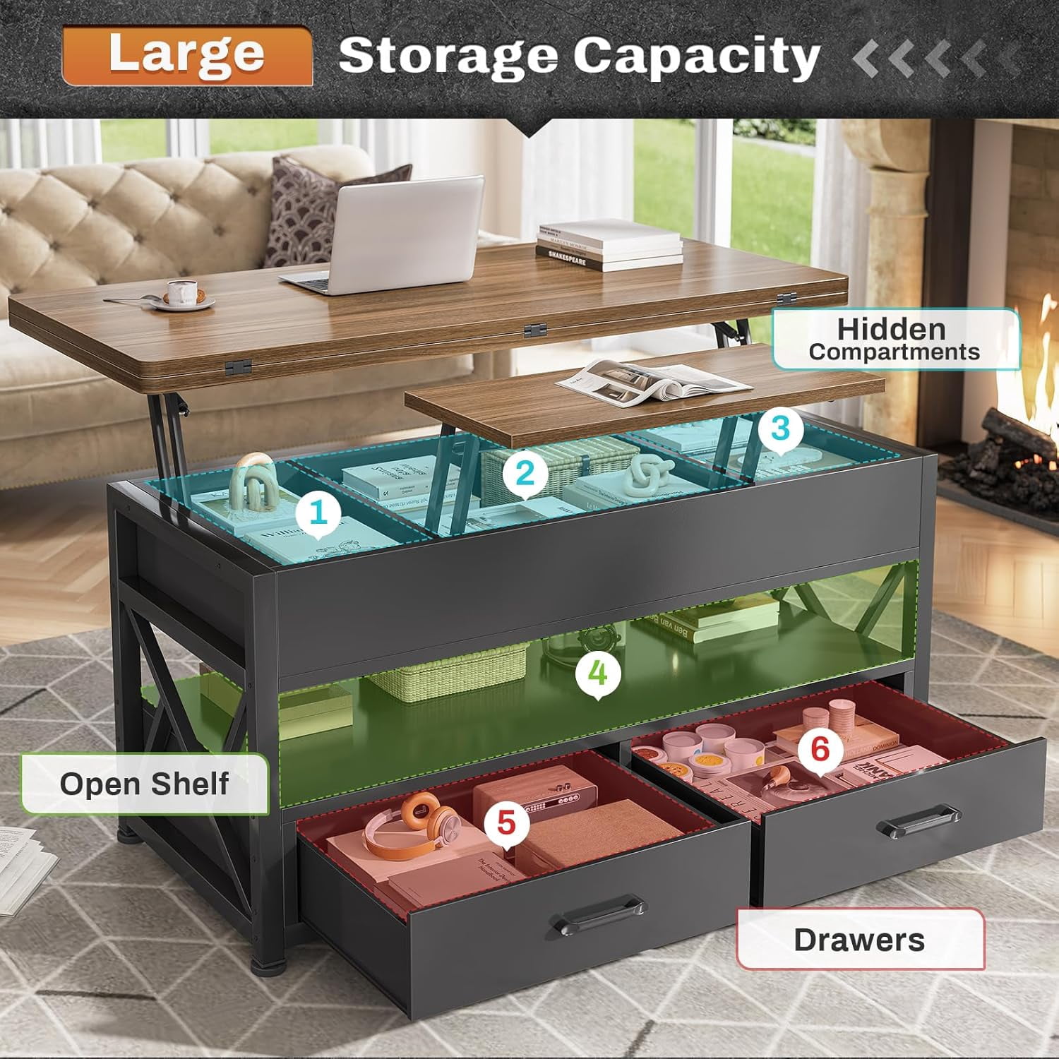 40" Lift Top Coffee Table, 4 in 1 Multifunctional Coffee Tables with Storage for Living Room, Small Coffee Table with 2 Drawers & LED Light for Dining Room, Black & Brown