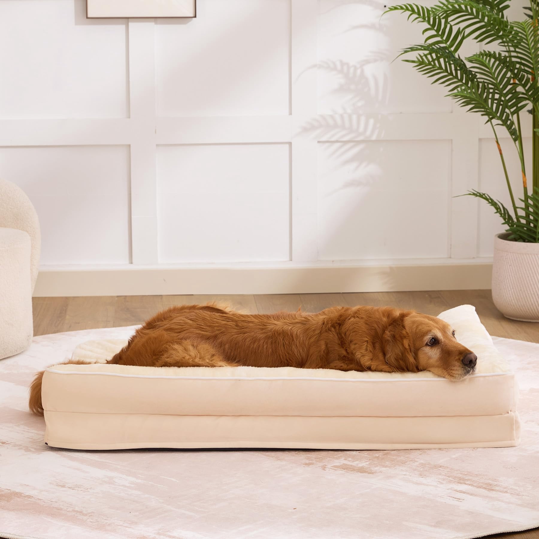 Dog Bed Large Sized Dogs  For Waterproof Pet With Washable Removable Cover L-shaped Couch Portable Handle 36"x27"x6.5" Beige