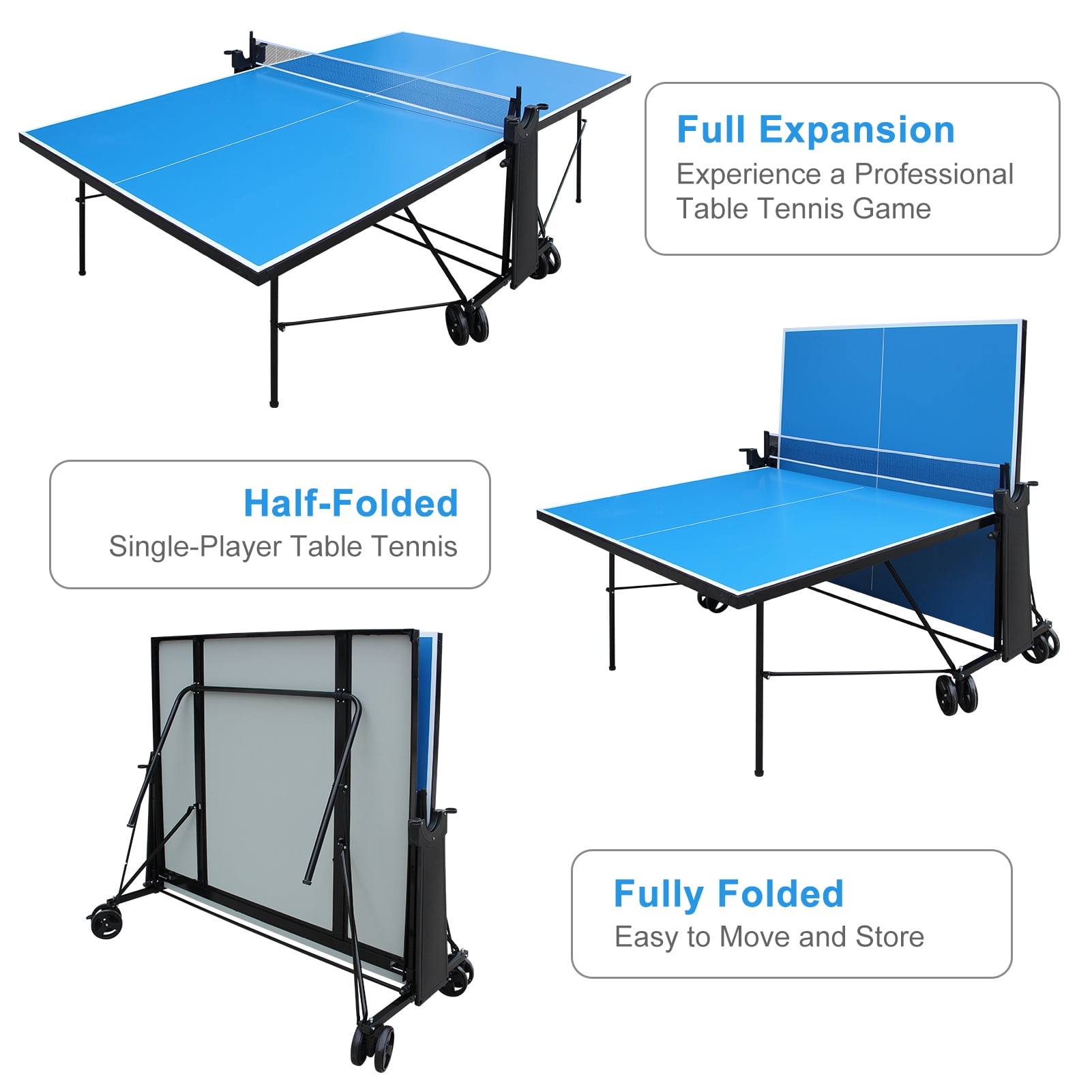KLB Sport Outdoor/Indoor Foldable Table Tennis Table with Wheels, Weather-Resistant Mobile Ping Pong Table Set with Net, 2 Paddles & 3 Balls, Regulation Size Waterproof Ping Pong Table