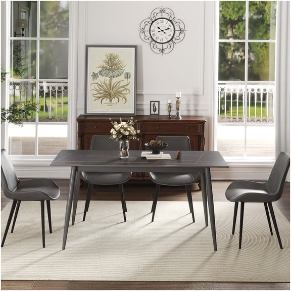 Contemporary Black Dining Table with Sintered Stone Top, 6-8 Person Capacity, Dark Gray Metal Legs
