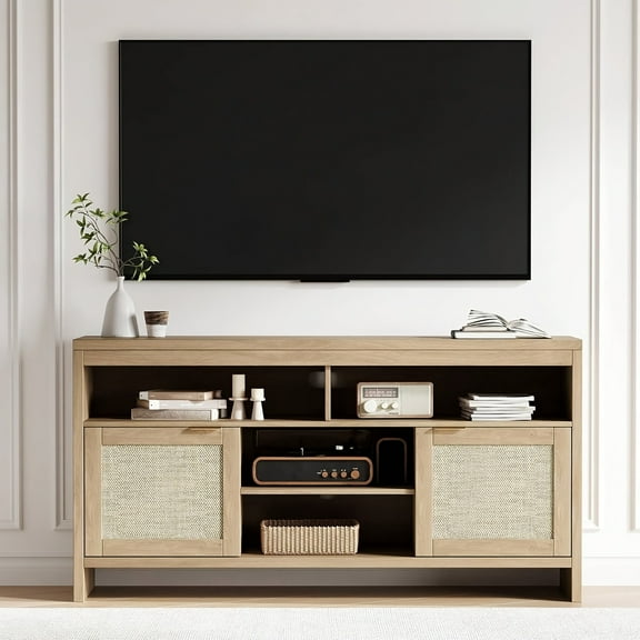 Rattan TV Stand with Storage for up to 65''TV,Farmhouse TV Console Cabinet with Shelf, 59" Entertainment Center Media Console,Wood Television Stands for Living Room,Bedroom