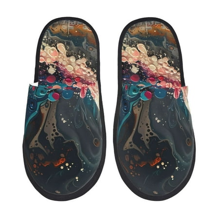 Balery Abstract Peacock Painting Slient Indoor Furry Fleece Comfort House Shoes Soft Non-Slip Home Shoes Cotton slippers House Slippers-- Large