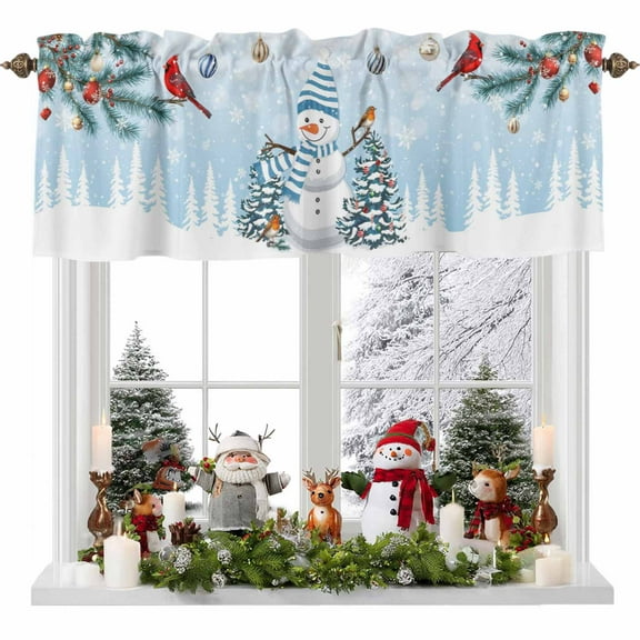 Rod Pocket Window Valances Christmas Tree Snowman Short Kitchen Curtains Winter Snowflakes Bird Window Treatment Drapes for Bedroom Bathroom Living Room 54x18In,1 Panel