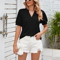 thumbnail image 4 of Camisas plisadas de manga corta abombadas para mujer, camisetas holgadas informales de Color puro a la moda con cuello en V de manga corta para mujer, color negro XXL, 4 of 7