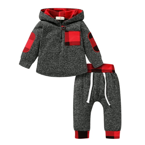 Younger Tree Toddler Baby Boy Sweatshirt Clothes Outfits Infant Winter Long Sleeve Hoodie Plaid Sweatsuit,12-18M