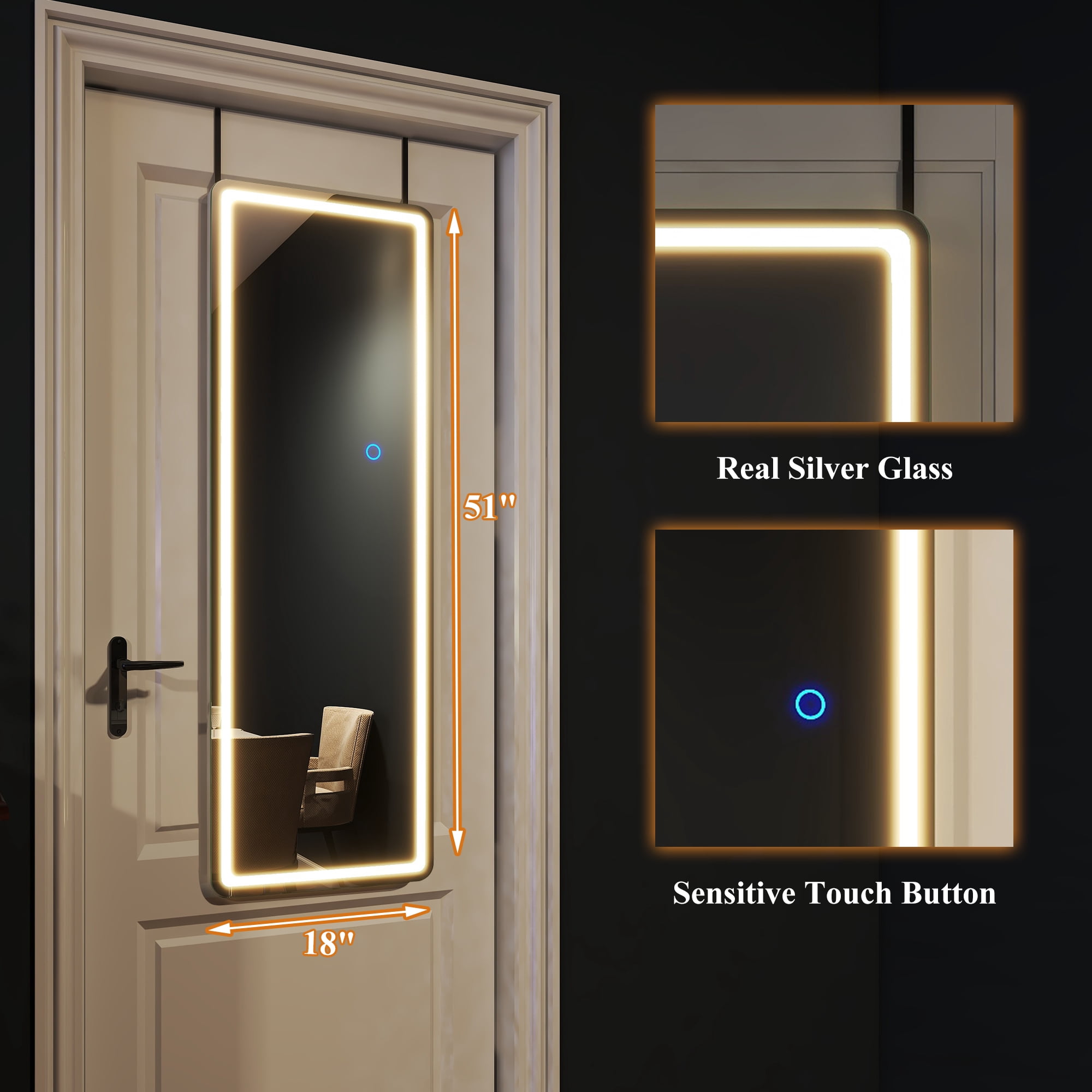 51"x18" Mordern Rectangle Hanging LED Mirror Door Mirror Vanity Mirror,White