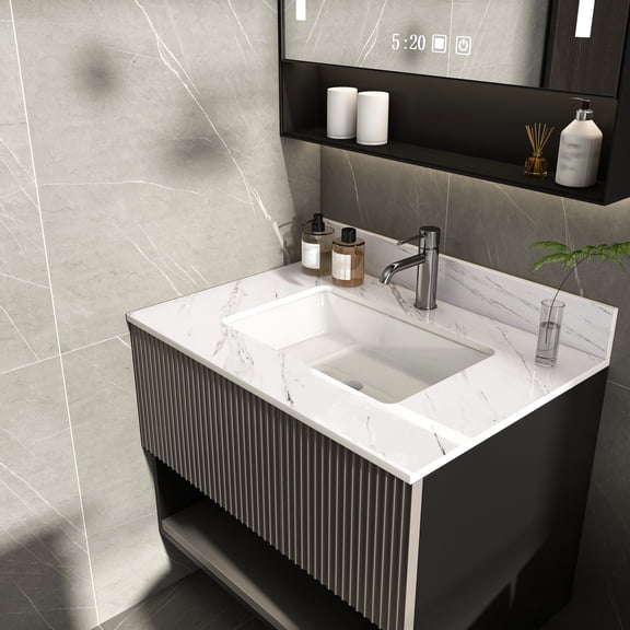 31 Inch White Sintered Stone Vanity in Bathroom | Backsplash Keeps Bathroom Clean, Pre - drilled Faucet Holes | Sintered Stone with High Durability | Natural and Radiation - free Material