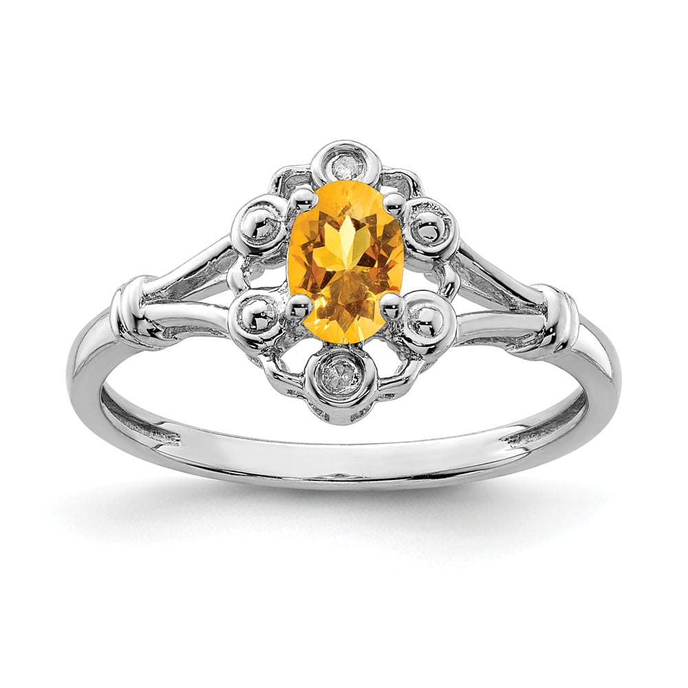 Ring Birthstone Sterling Silver 2 MM Citrine and Diamond November Birthstone Ring, Size 5