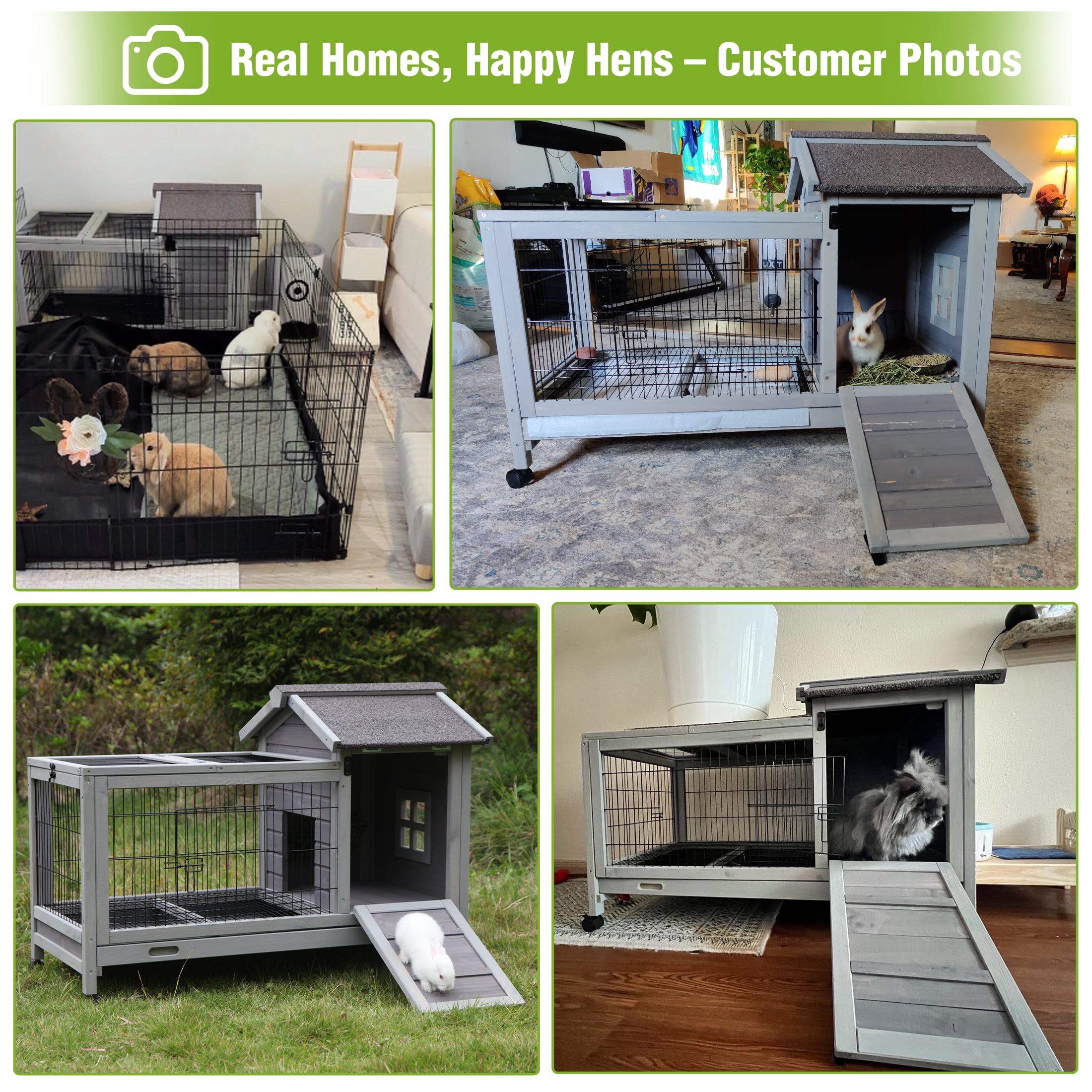 Aivituvin Rabbit Hutch Indoor Bunny Cage Outdoor Wooden Guinea Pig Cage Bunny House with Removable Metal Wire Floor, Lockable Caster Wheels, Leakproof Plastic Tray for 1-2 Rabbits, Small Animals