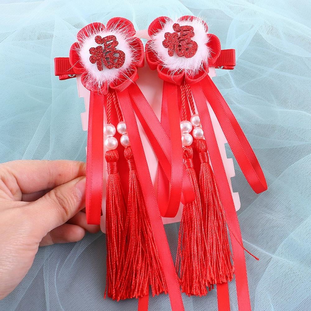 Chinese New Year Hair Clips for Kids-Red Hair Accessories-Chinese  Traditional Tassel Hairpin, Red Fringed Ribbon Flowers Hairpins Baby Girl  Hair