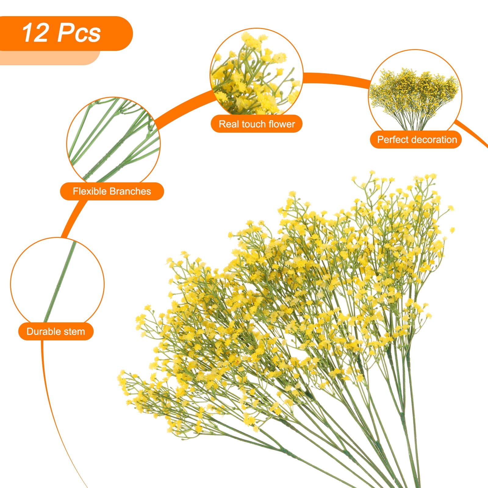 Unique Bargains Fake Gypsophila Flowers Bulk PU Branch for Wedding Floral 12Pcs Yellow