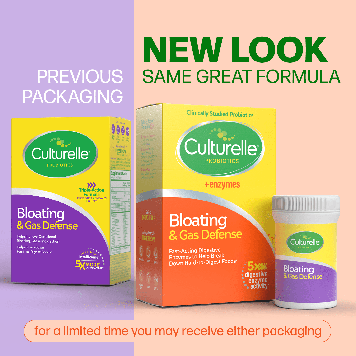 Culturelle Probiotics + Enzymes Bloating and Gas Defense Supplement, Relieves Indigestion for Adults, 30 Count