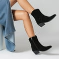 thumbnail image 4 of Black Suede Ankle Cowboy Boots for Women Wide Calf Cowgirl Booties Pointed Toe Mid Calf Riding Boots, 4 of 6