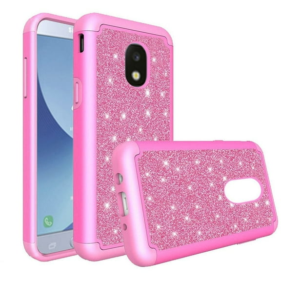 GSA Glitter Bling Tough Hybrid Case For Samsung Galaxy J3 (2018), J337, J3 Star, J3 Achieve & Express Hot Pink