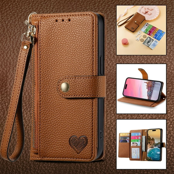 K-Lion Flip Case for Samsung Galaxy A14 5G ,Luxury Premium PU Leather Card Slots Zipper Wallet Case RFID Blocking Anti-Drop Case Cover with Wrist Strap Lanyard for Women Girls,Brown