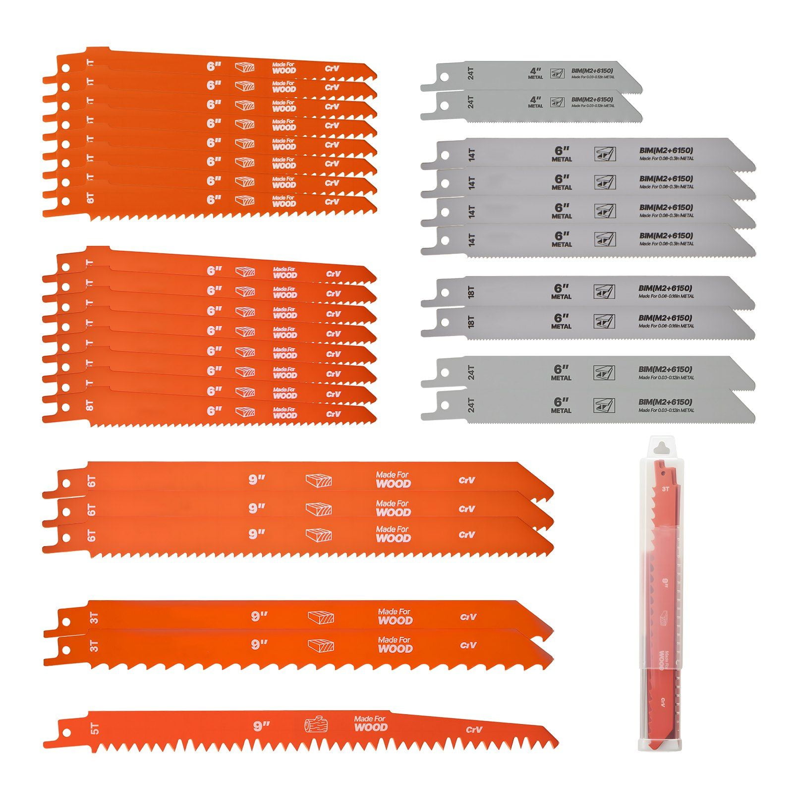 Reciprocating Saw Blades, 32-Piece, Various Sizes Bi-Metal Reciprocating Saw Blade Set with Universal Shank, for Metal and Wood Cutting, Sharp Teeth for Fast and Smooth Cuts, Orange and Gray