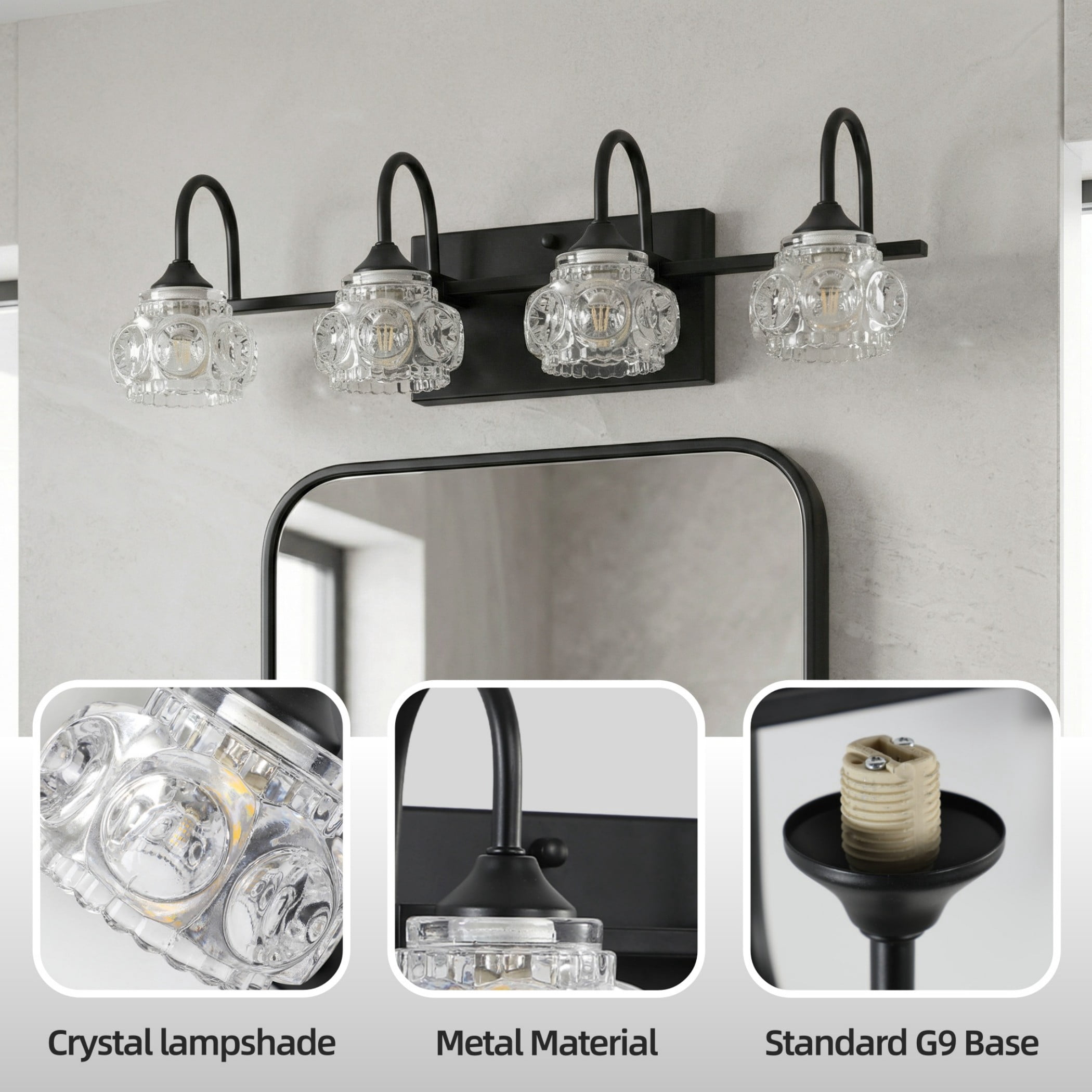 23" Retro 4-Light Bathroom Vanity Light Fixture, Black Bathroom Light with Crystal Glass Shades, Wall Mounted Bathroom Lighting Fixture Over Mirror, Vanity Light for Powder Room (Bulbs Not Included)