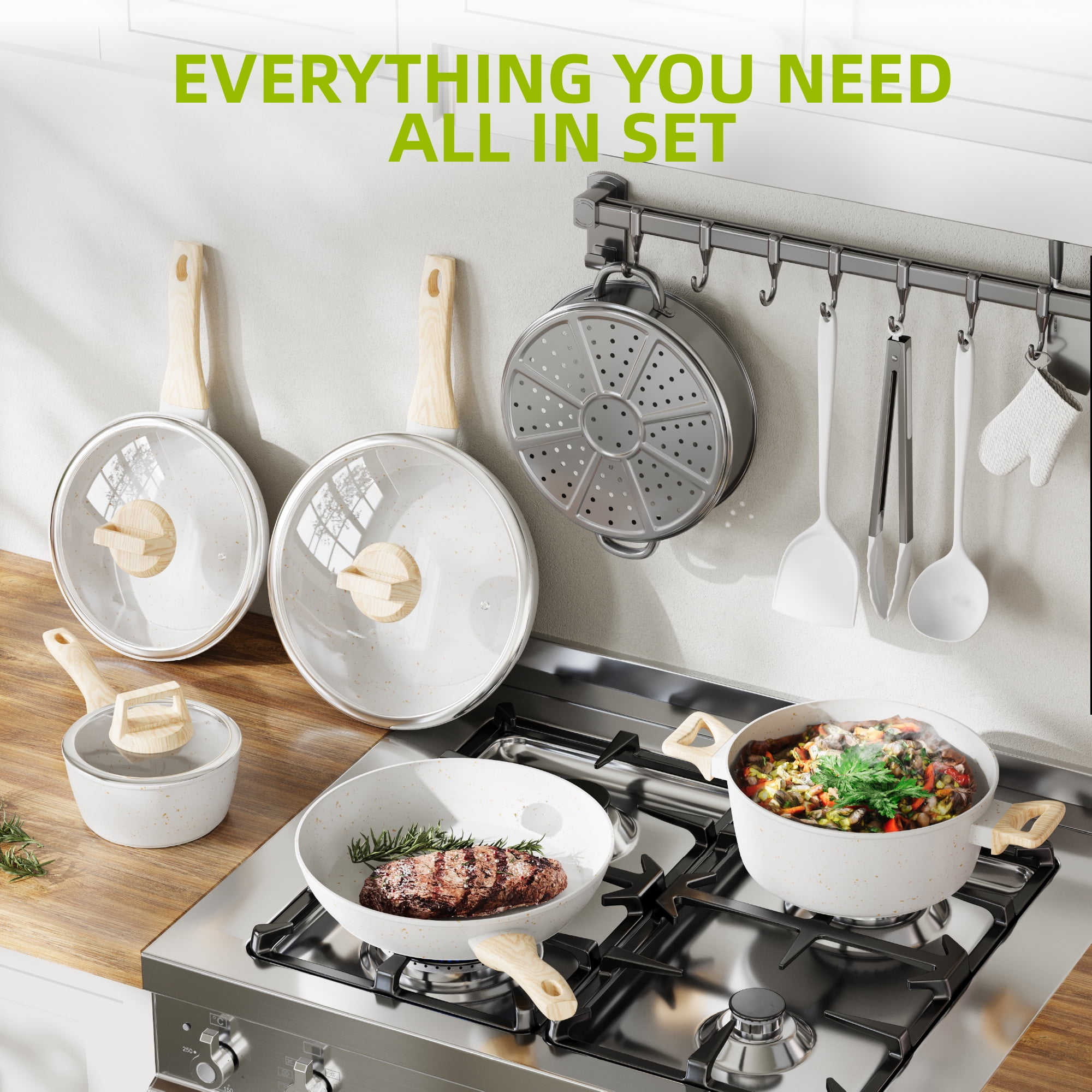 Furnibear 16pcs Nonstick Pots and Pans Set, Ceramic Cookware Set with Steamer and Cooking Utensils, for RV and Camping White
