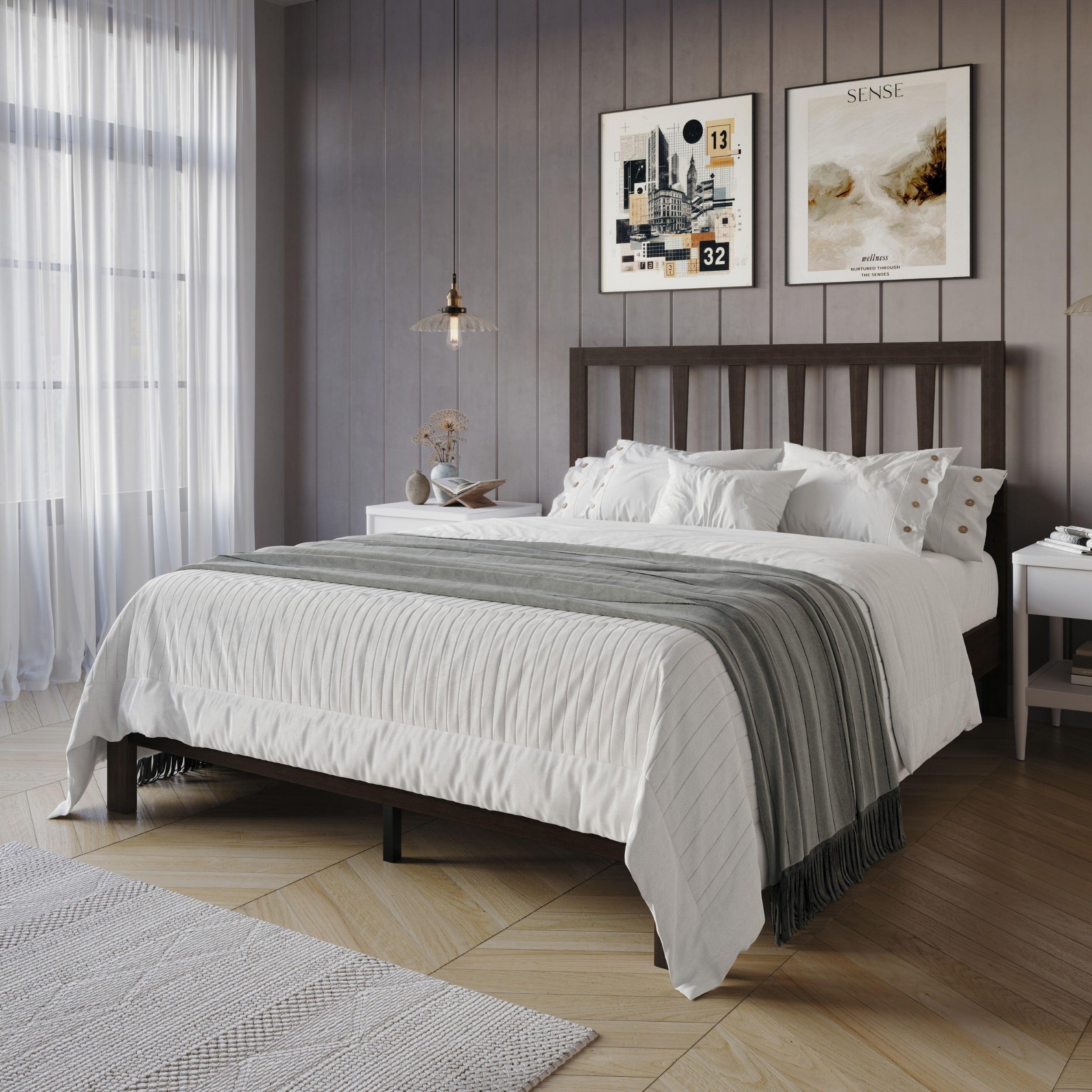 Home Design Elmira Full Wood Platform Bed with Adjustable Height Headboard & Durable Wood Construction, Cappuccino, Easy Assembly
