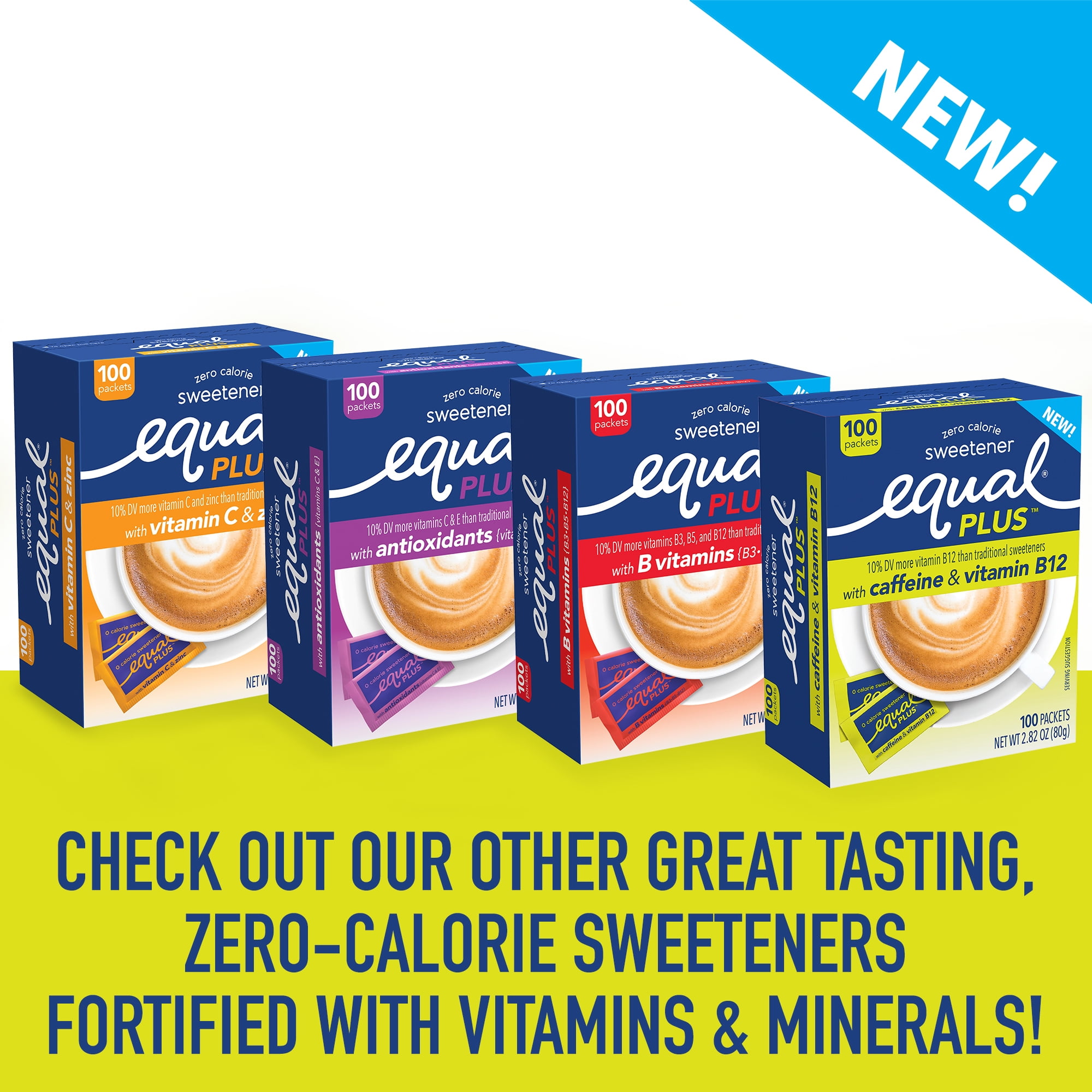 Equal PLUS Sweetener Packets with Caffeine and Vitamin B12, 100 Ct.
