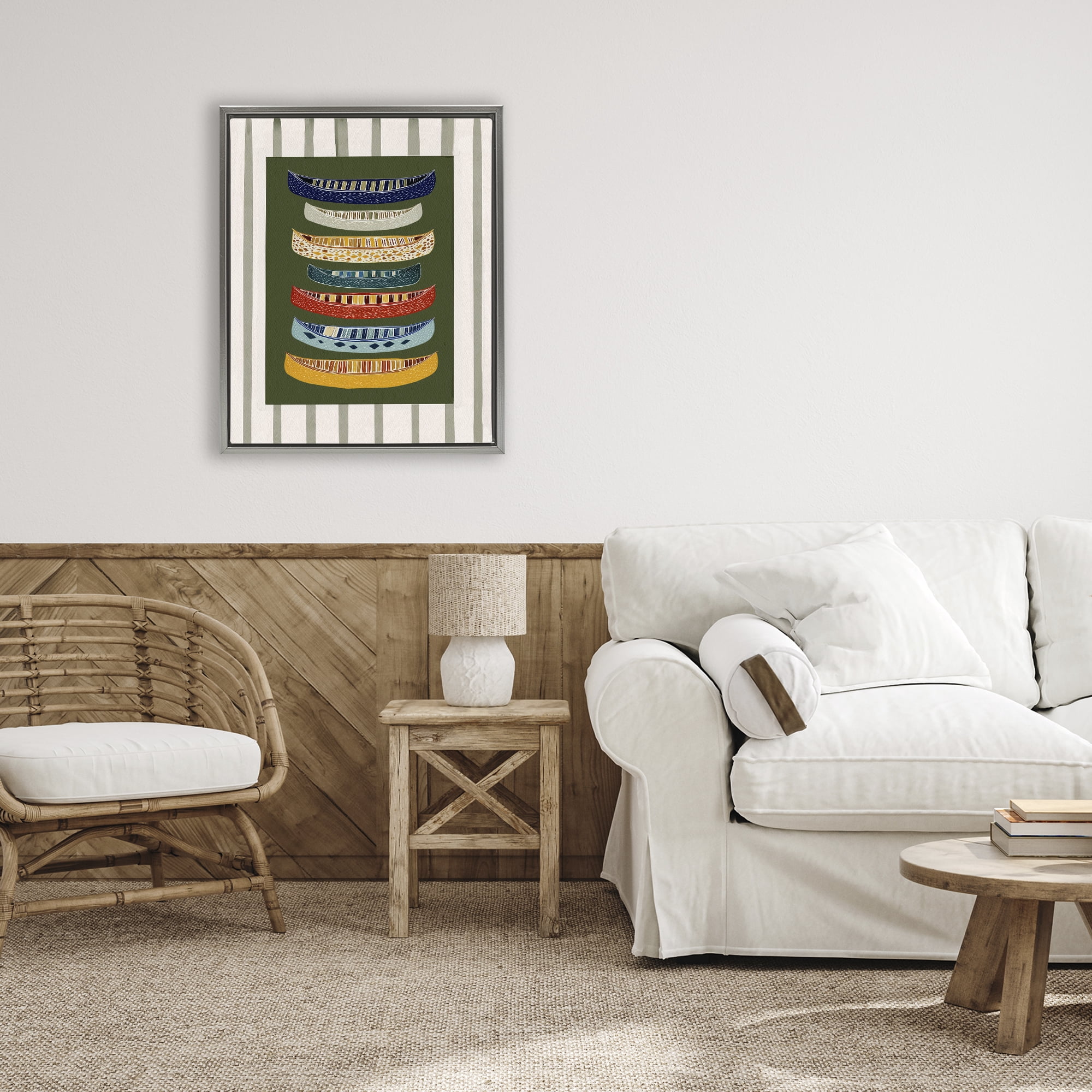 Stupell Industries Patterned Canoes over Stripes Gray Framed Floater Canvas Wall Art, design by Yen