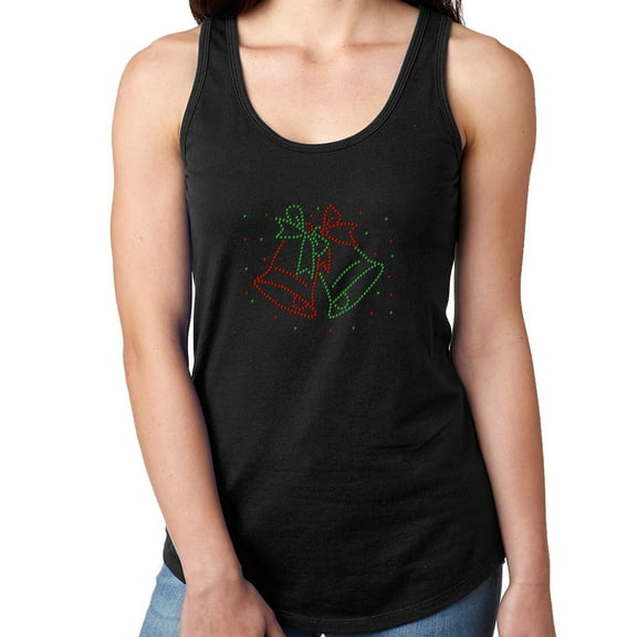 Womens T-Shirt Rhinestone Bling Black Tee Christmas Bells Bows Tank Racer Back Large