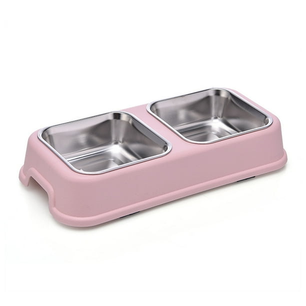 Comedero doble para mascotas medianas, con tapete de silicona antideslizante y cuencos de acero inoxidable.