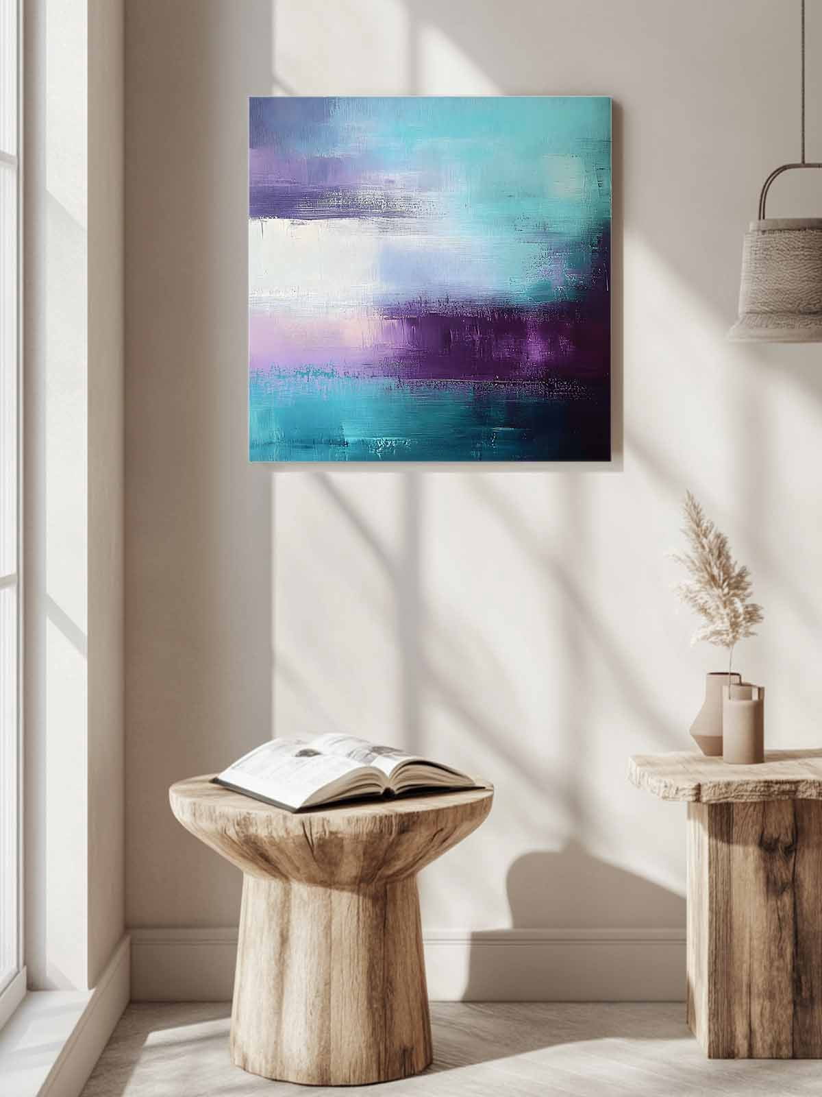 Purple Teal Canvas Wall Art, Mottled Graffiti Color Block Abstract Geometric Framed Wall Decor Modern Artwork Prints Painting for Living Room, Bedroom, Kitchen & Cafe Decor 16x16 Inch