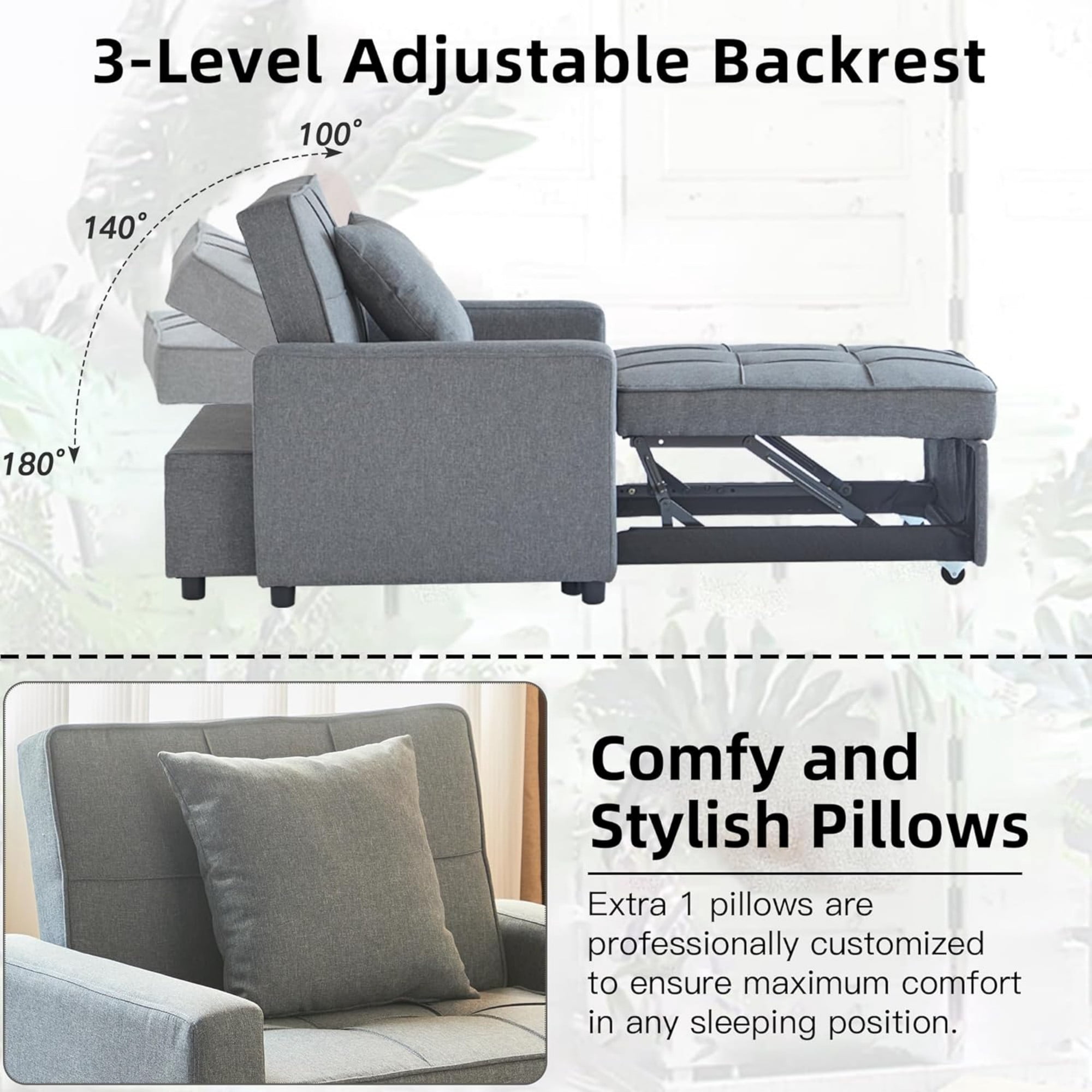 BSHTI 35.6" Cotton Linen Fabric Convertible Sleeper Chair Bed with 3-Level Adjustable Backrest, Pull-Out Design, 1 Pillow for Living Room(Light Gray)