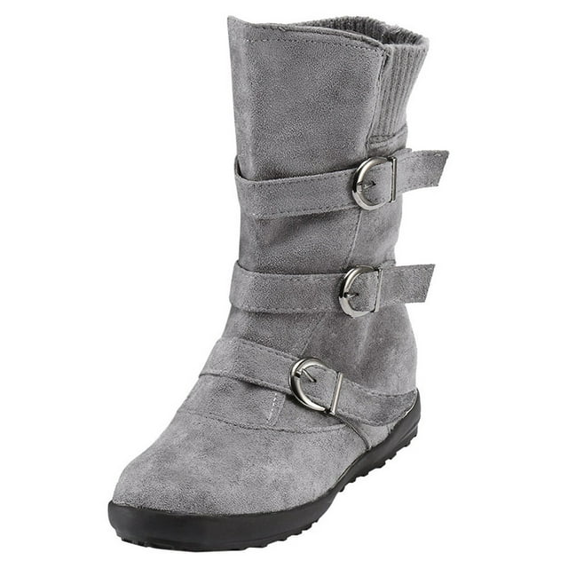CEHVOM Women Suede Round Toe Zipper Flat Pure Color Buckle Strap Keep Warm Snow Boots
