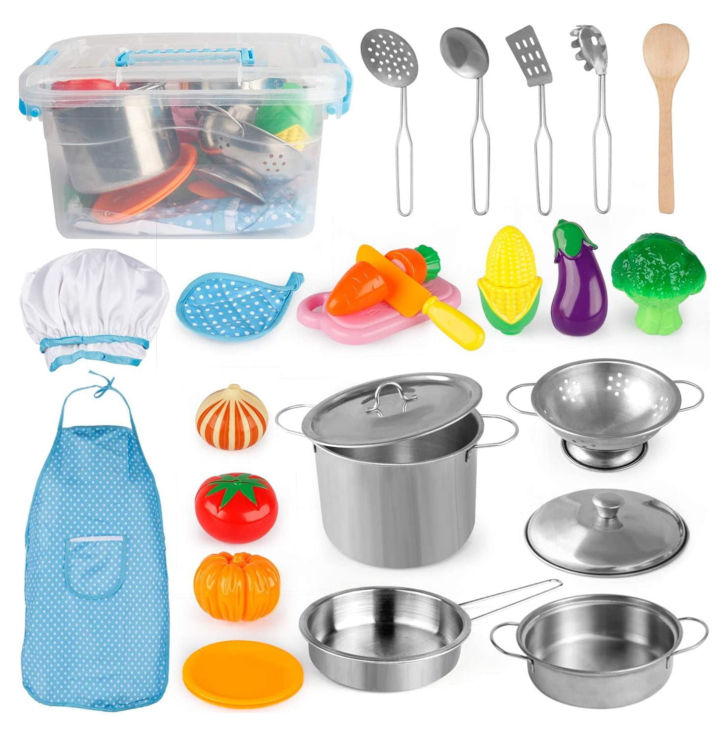D-FantiX Play Food Set for Kids Kitchen, Kid Kitchen Play Pretend Toys with Pot and Pan, Play Kitchen Accessories with Cookware Utensils, Apron and Chef Hat, Cutting Food for Toddler Boys Girls