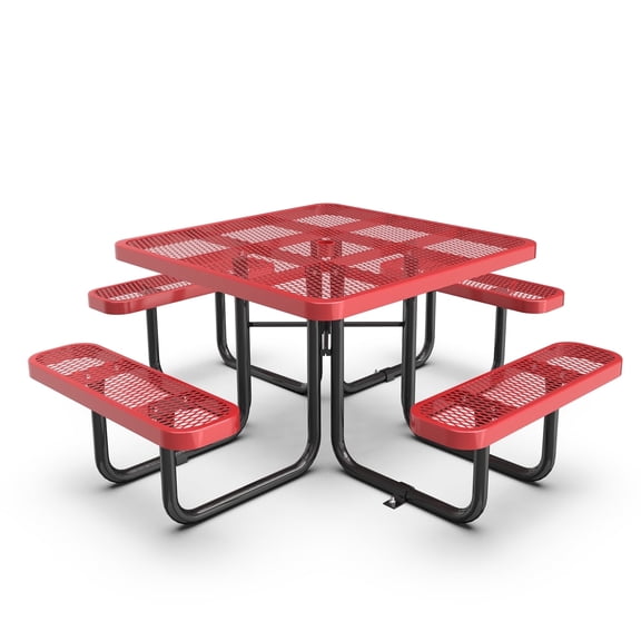 Chery Industrial 46 Inches Metal Picnic Table with Red Finish and Umbrella Hole